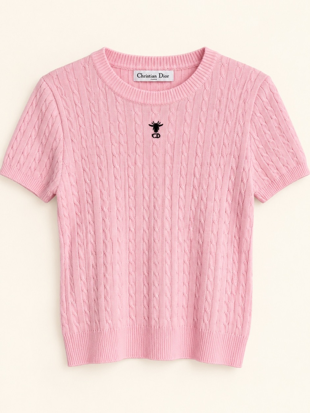 Dior Light Pink Cable-Knit Short Sleeve Crew Sweater
